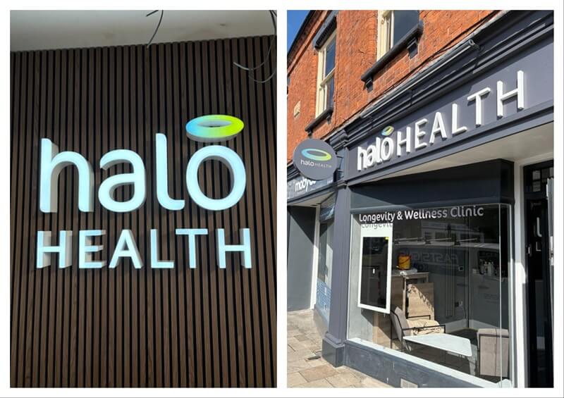 A photo collage of the illuminated halo health signage and the outdoor built up letters.